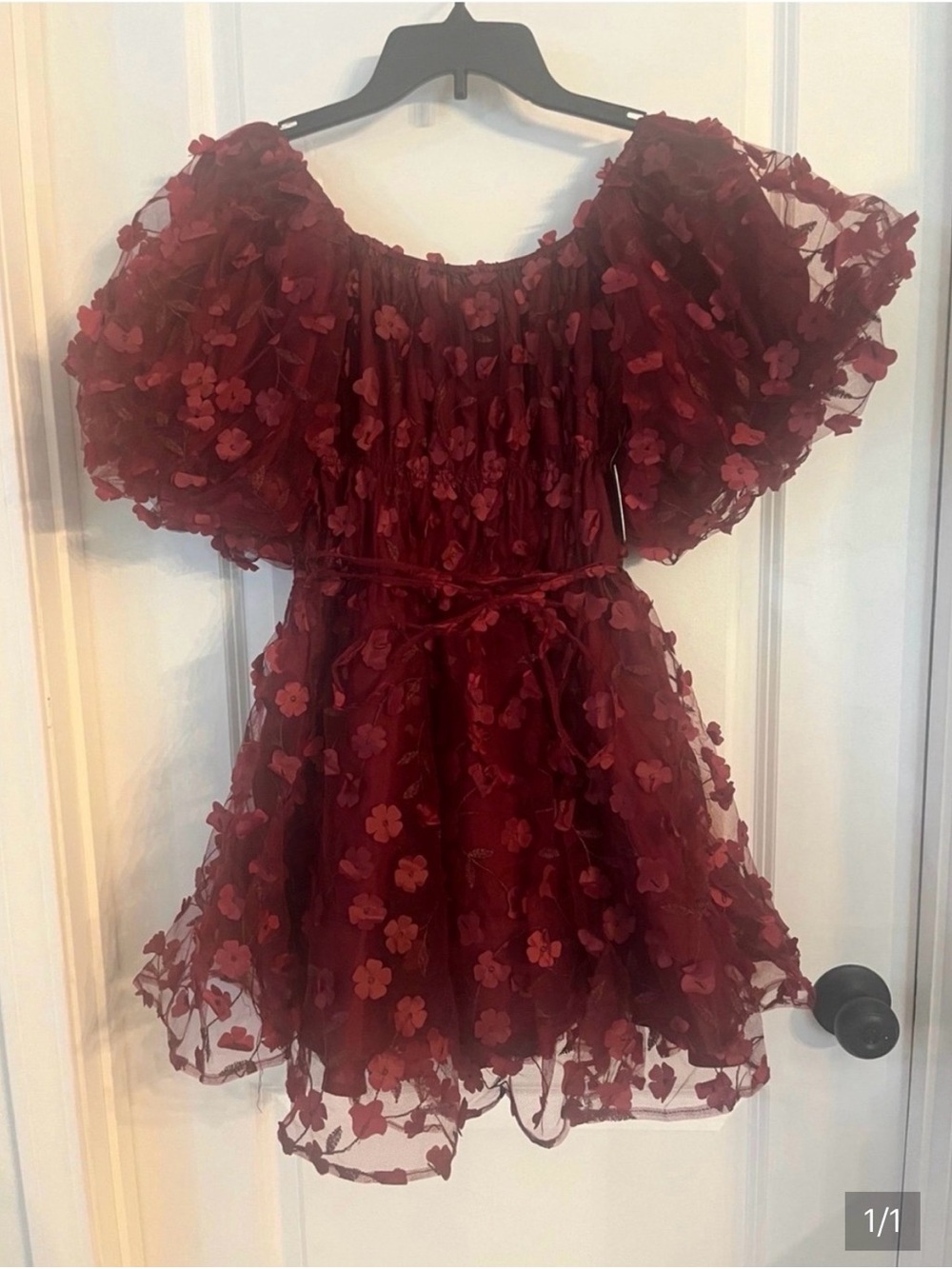 Altar'd State Wine Red Floral Appliqué Mini Dress